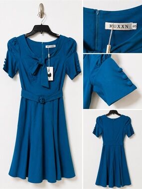 🔥MUXXN Teal Blue Retro Bow Belted Dress